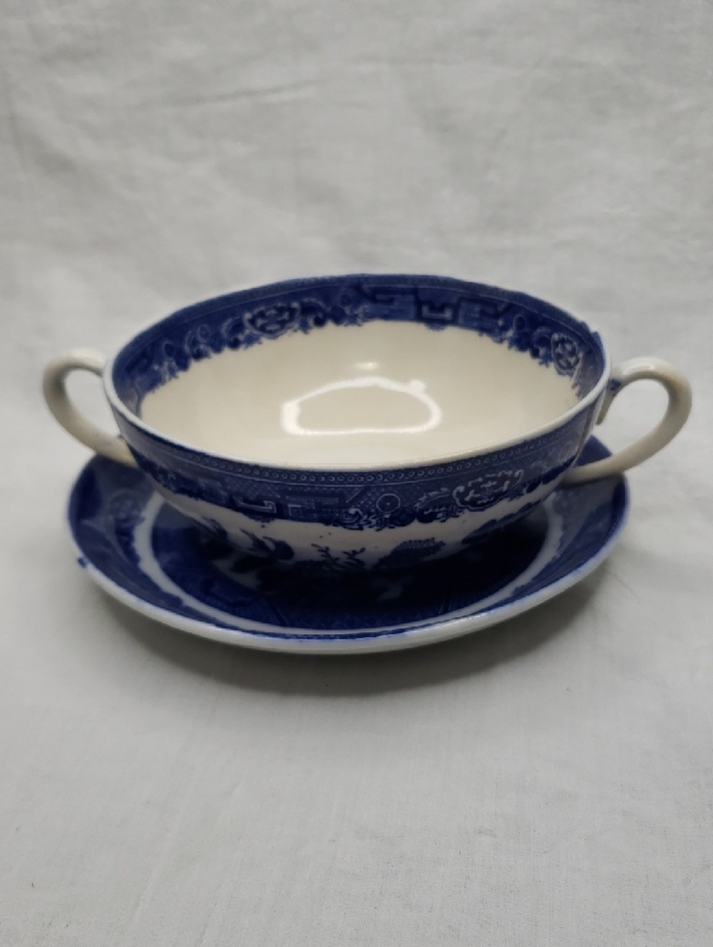 Antique Allertons Blue Willow Ceramic Bouillon Cup Saucer Transferware England